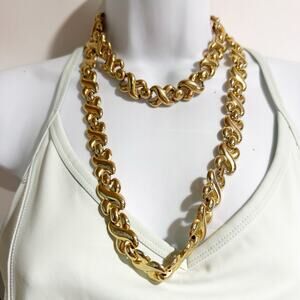 2 Vintage Gold Tone Abstract Link Choker And Necklace Chunky Glam
